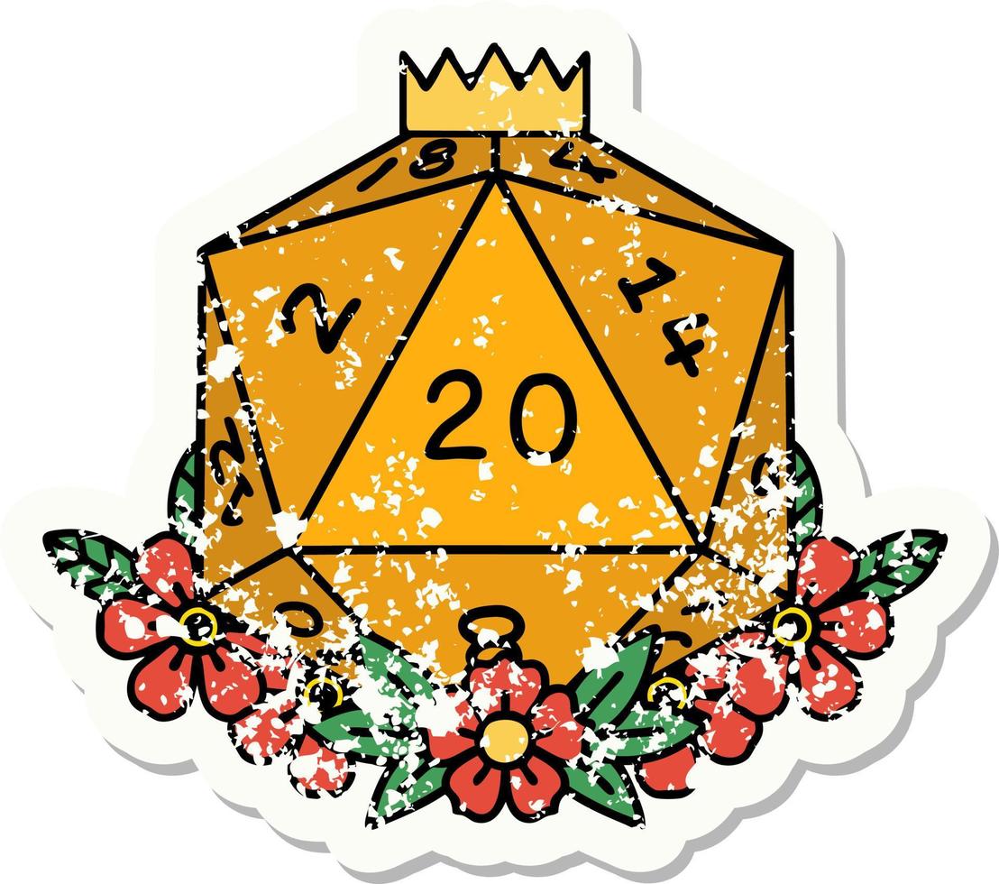 natural 20 D20 dice roll with floral elements grunge sticker vector