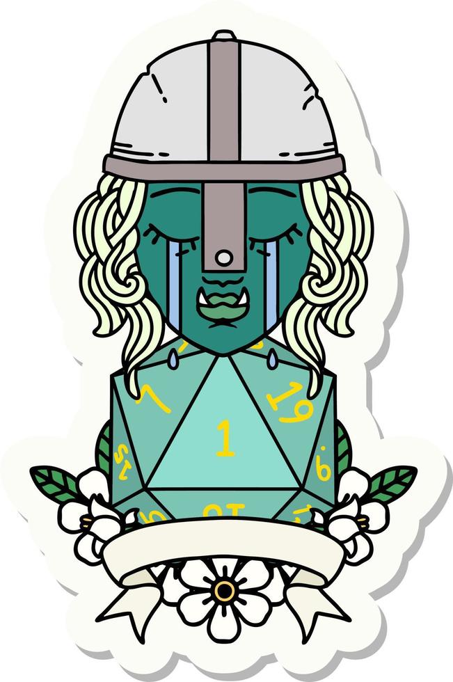 crying orc fighter character with natural one D20 roll sticker vector