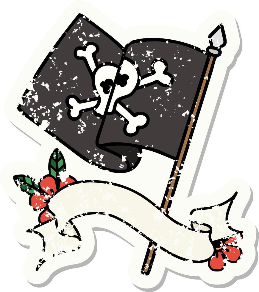 grunge sticker with banner of a pirate flag vector
