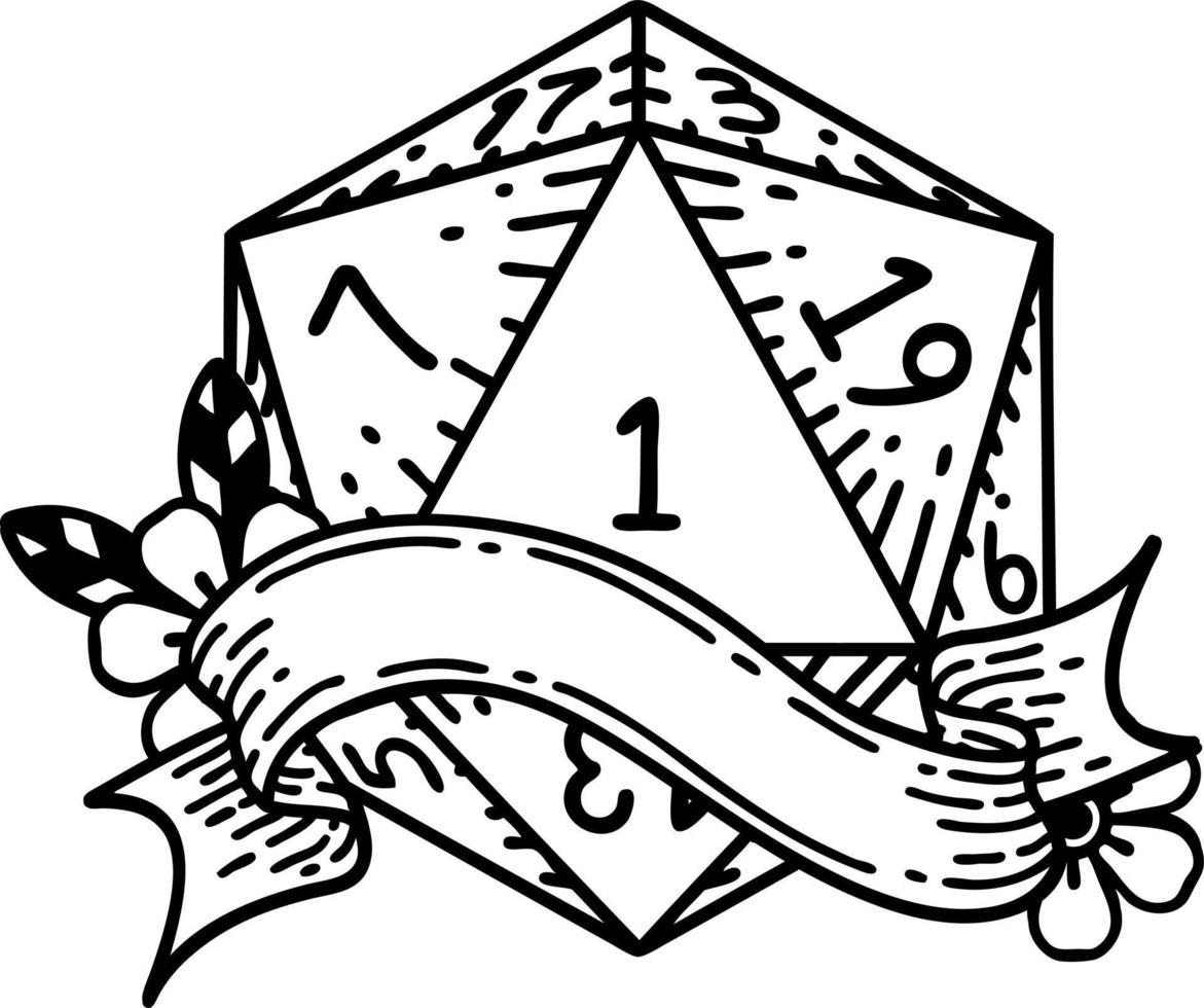 natural one d20 dice roll illustration vector