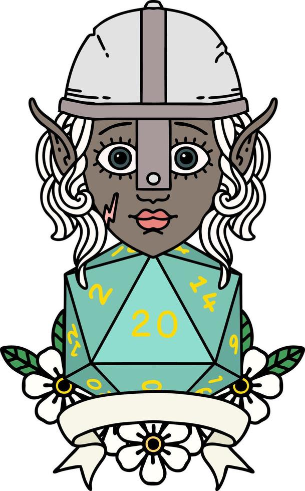 elf fighter with natural 20 dice roll illustration vector