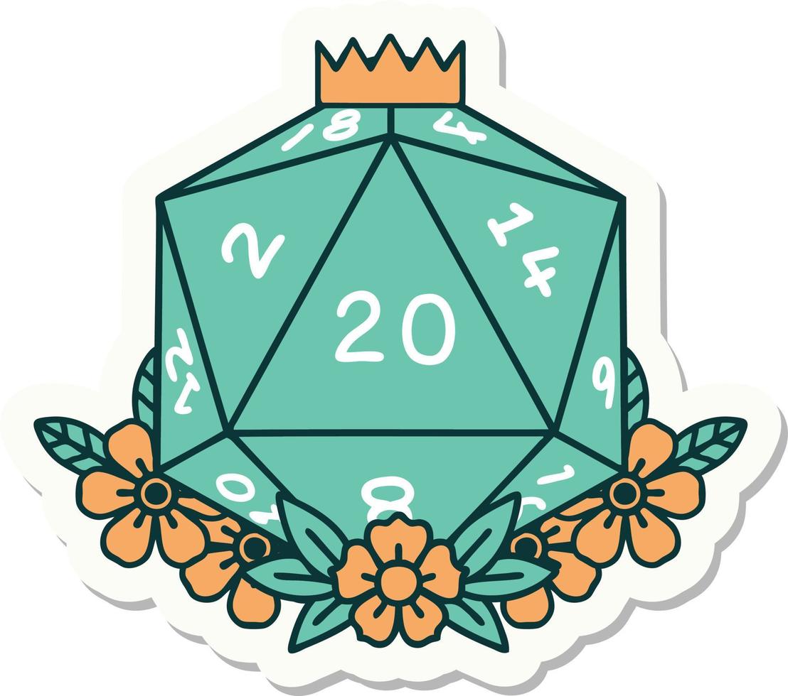 natural 20 D20 dice roll with floral elements sticker vector