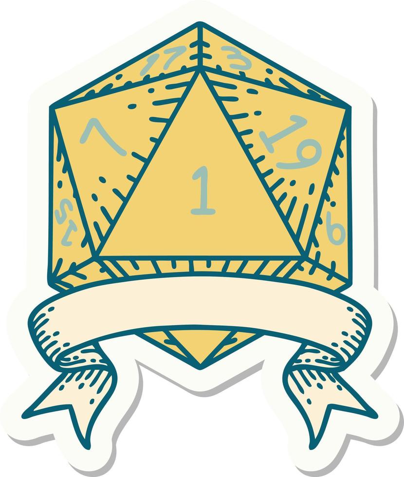 natural one d20 dice roll sticker vector