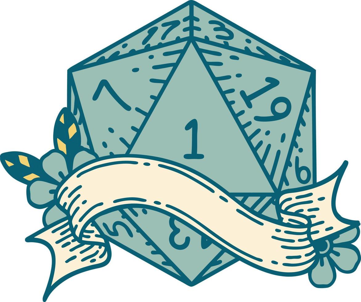 natural one d20 dice roll illustration vector