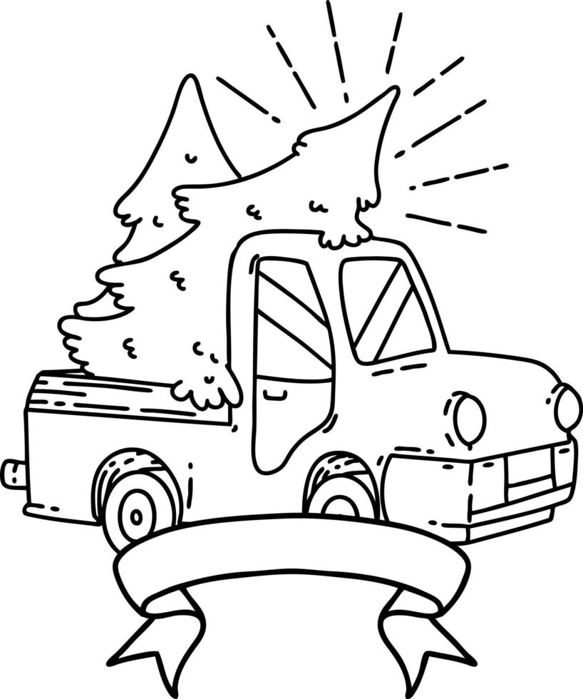 banner with black line work tattoo style truck carrying trees vector