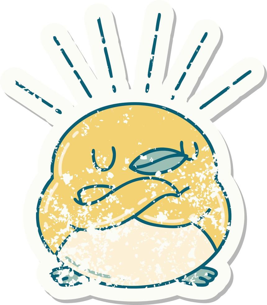 grunge sticker of tattoo style robin with folded wings vector