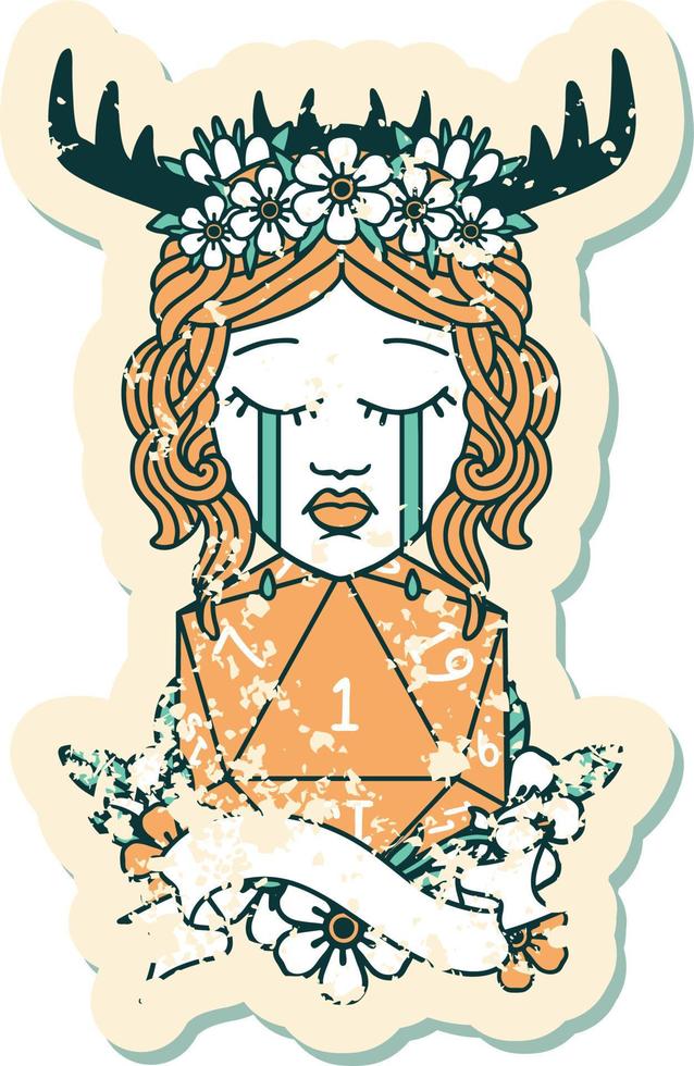 crying human druid with D20 natural one roll illustration vector