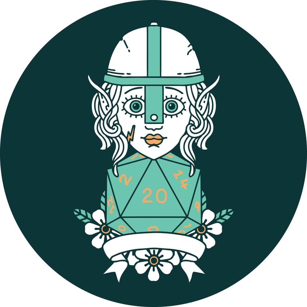 elf fighter with natural 20 dice roll icon vector