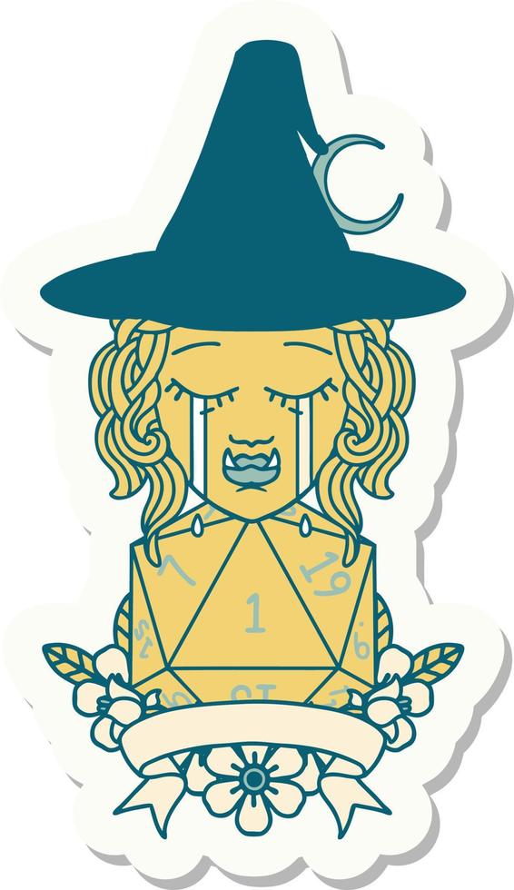 crying half orc witch character with natural one roll sticker vector