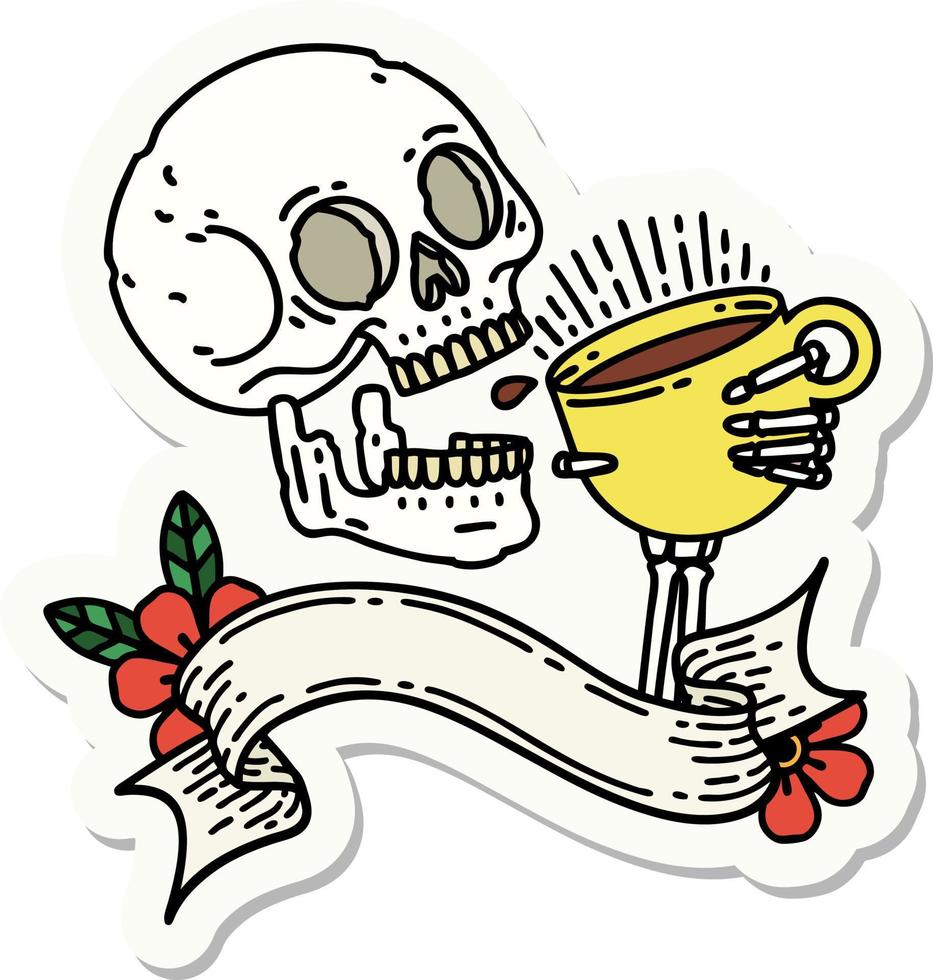 tattoo sticker with banner of a skull drinking coffee vector