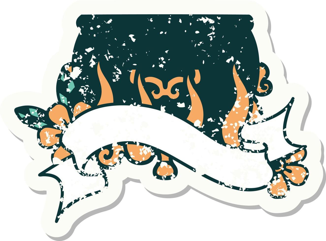 grunge sticker with banner of lit cauldron vector