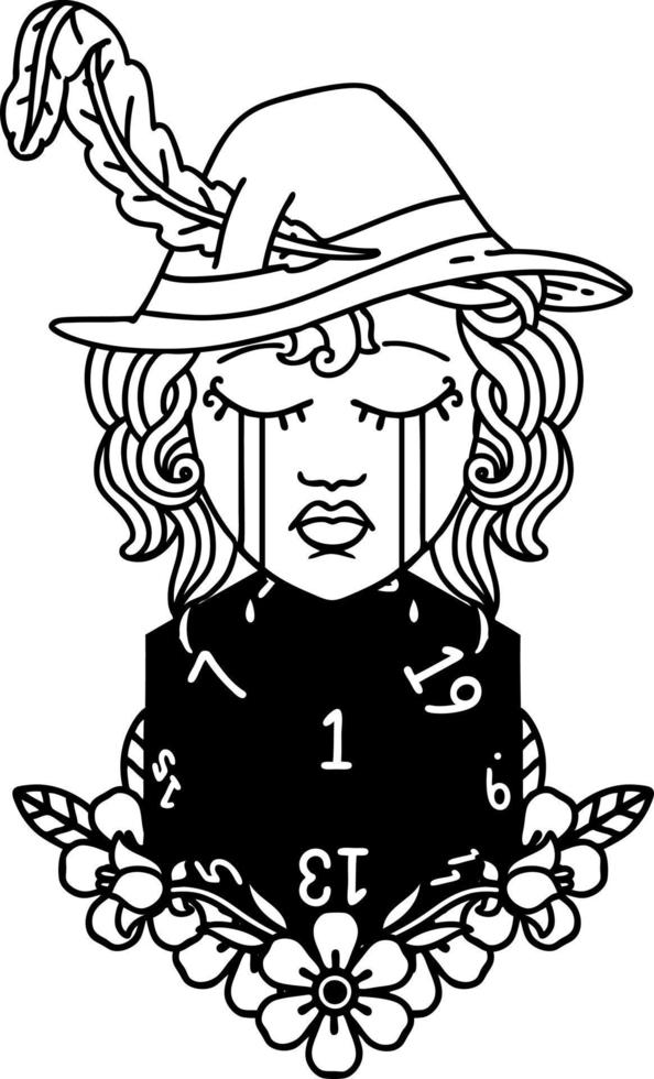 crying human bard with natural one D20 dice roll illustration vector