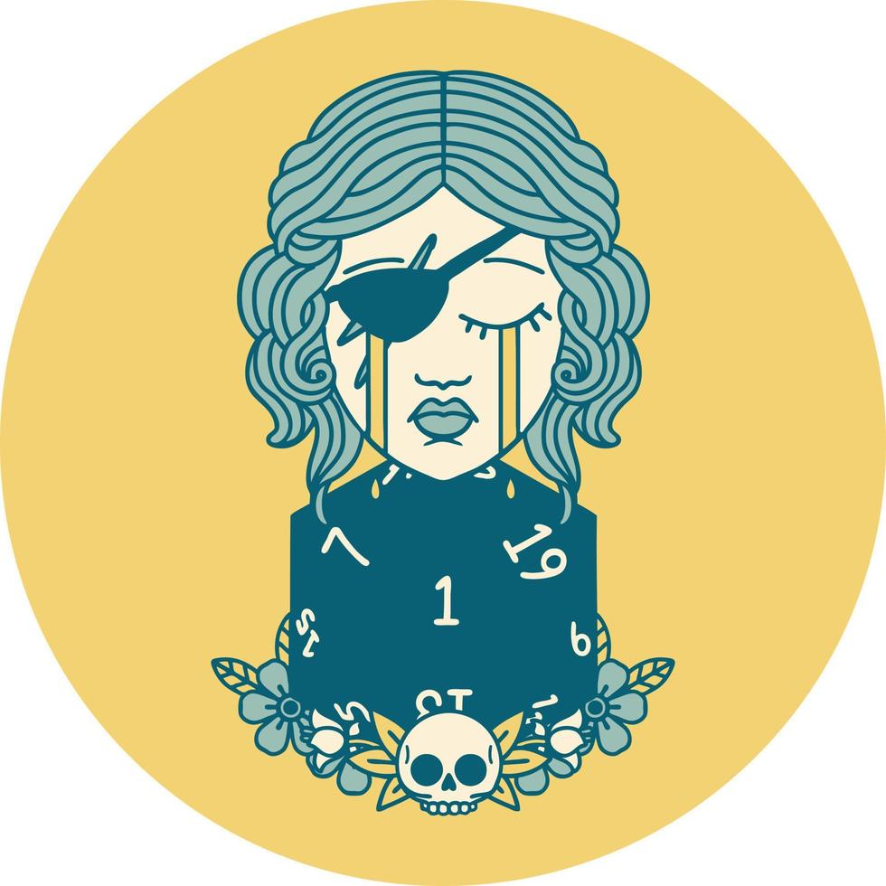 crying human rogue with natural one d20 roll illustration vector