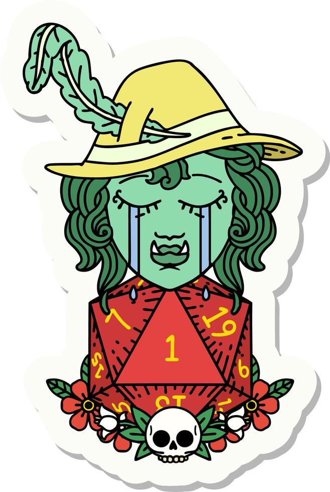 crying bard orc bard character with natural one D20 roll sticker vector