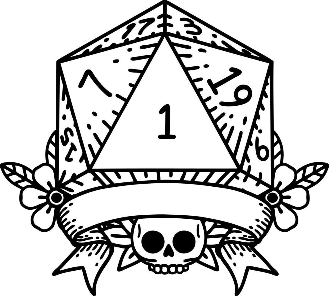natural one d20 dice roll illustration vector