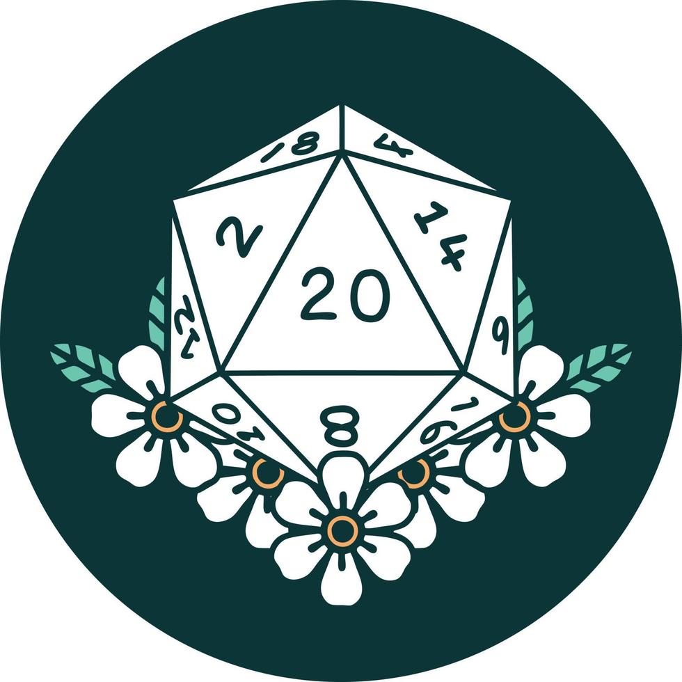 natural 20 D20 dice roll with floral elements icon vector