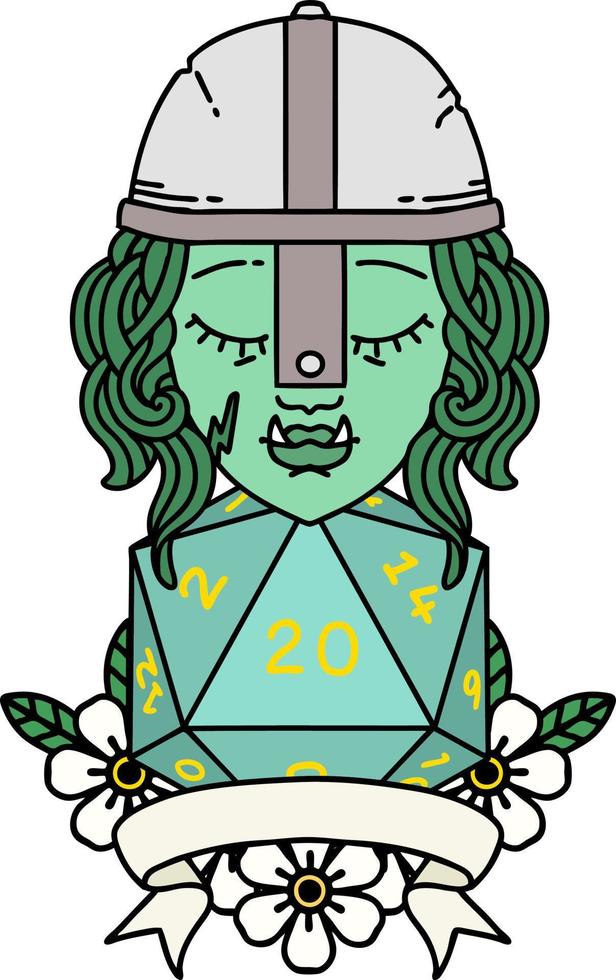 half orc fighter with natural twenty dice roll illustration vector