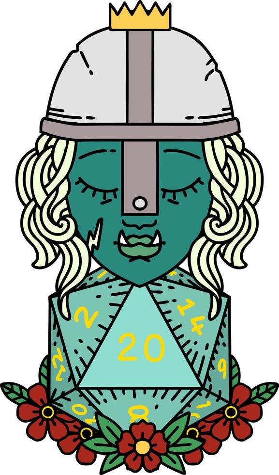 orc fighter character with natural twenty dice roll illustration vector