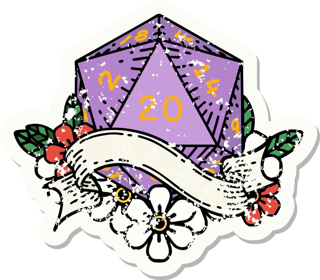 natural twenty D20 dice roll grunge sticker vector