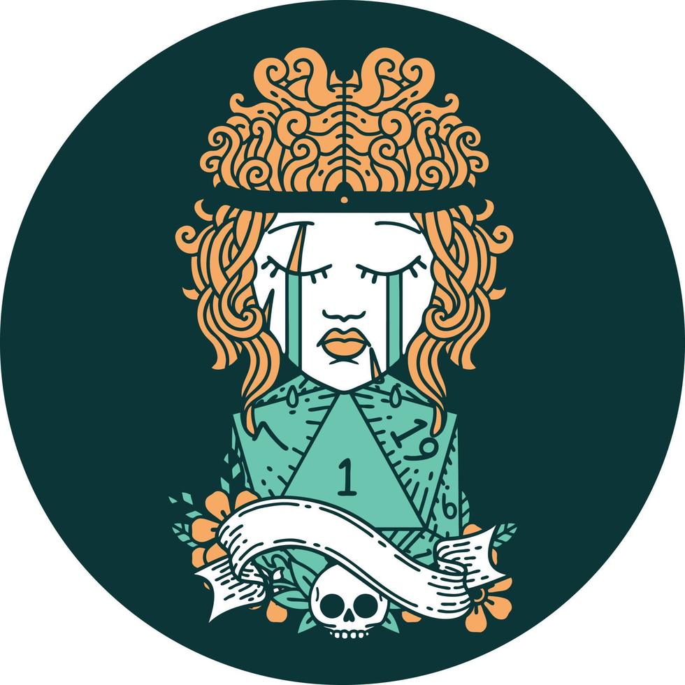 crying human barbarian with natural one d20 roll icon vector