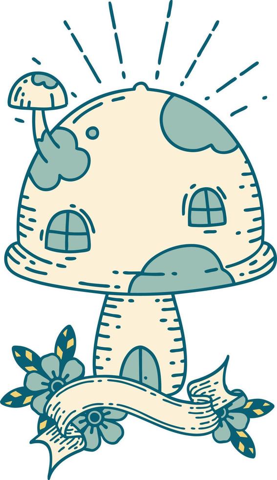 banner with tattoo style toadstool house vector