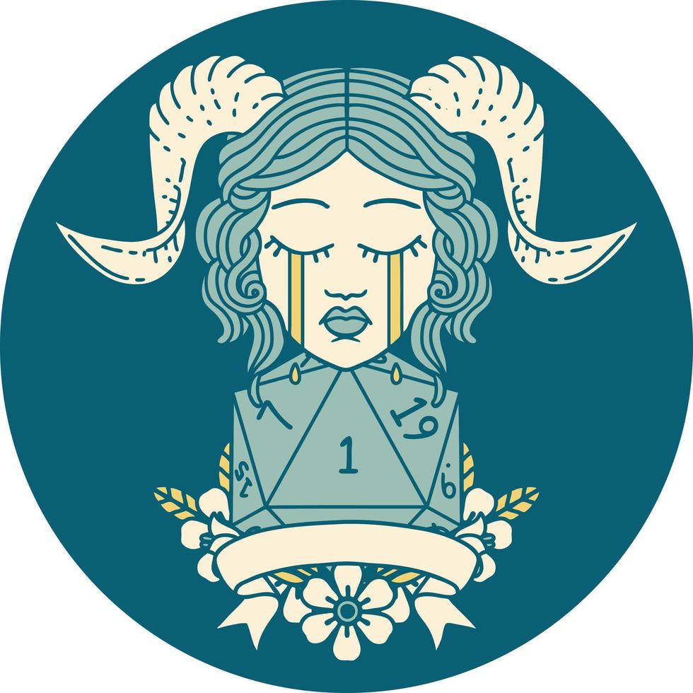 crying tiefling with natural one D20 dice roll illustration vector