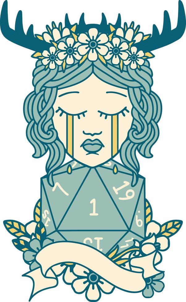 crying human druid with D20 natural one roll illustration vector