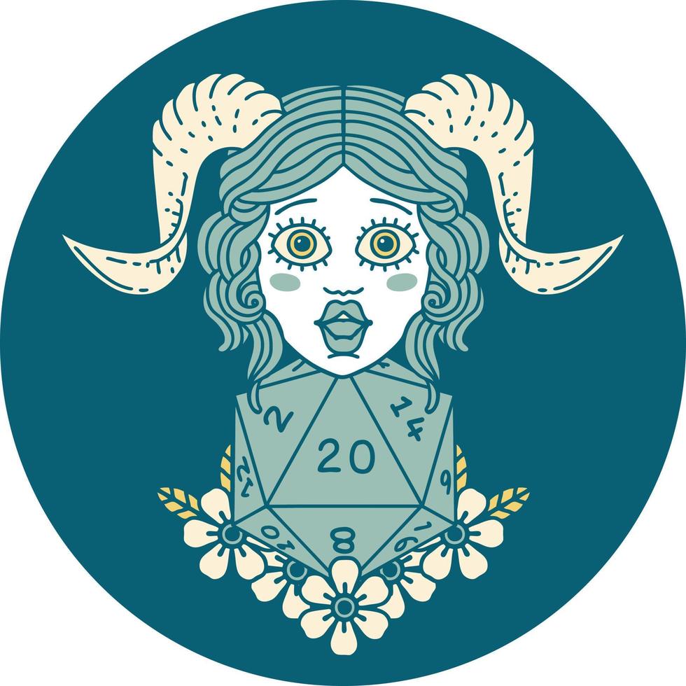 tiefling with natural twenty dice roll icon vector