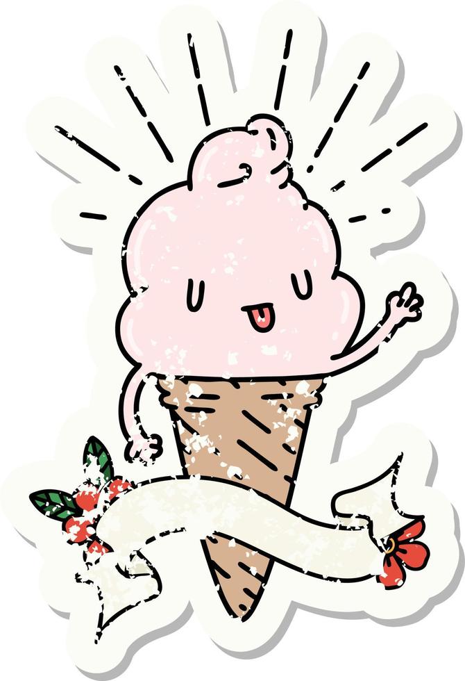 grunge sticker of tattoo style ice cream character waving vector