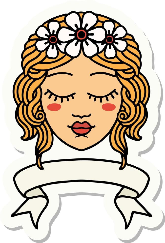 pegatina de tatuaje con pancarta de rostro femenino con los ojos cerrados vector