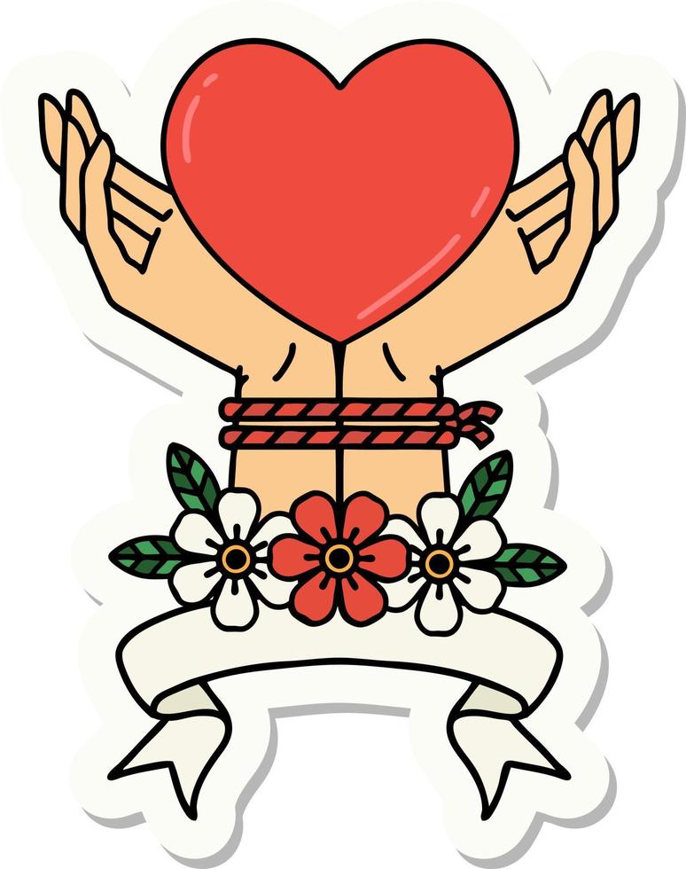 pegatina de tatuaje con pancarta de manos atadas y un corazón vector
