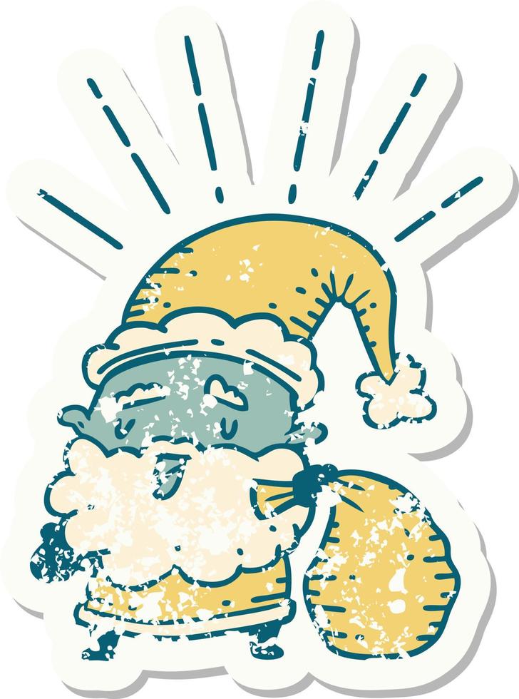 grunge sticker of tattoo style santa claus christmas character with sack vector