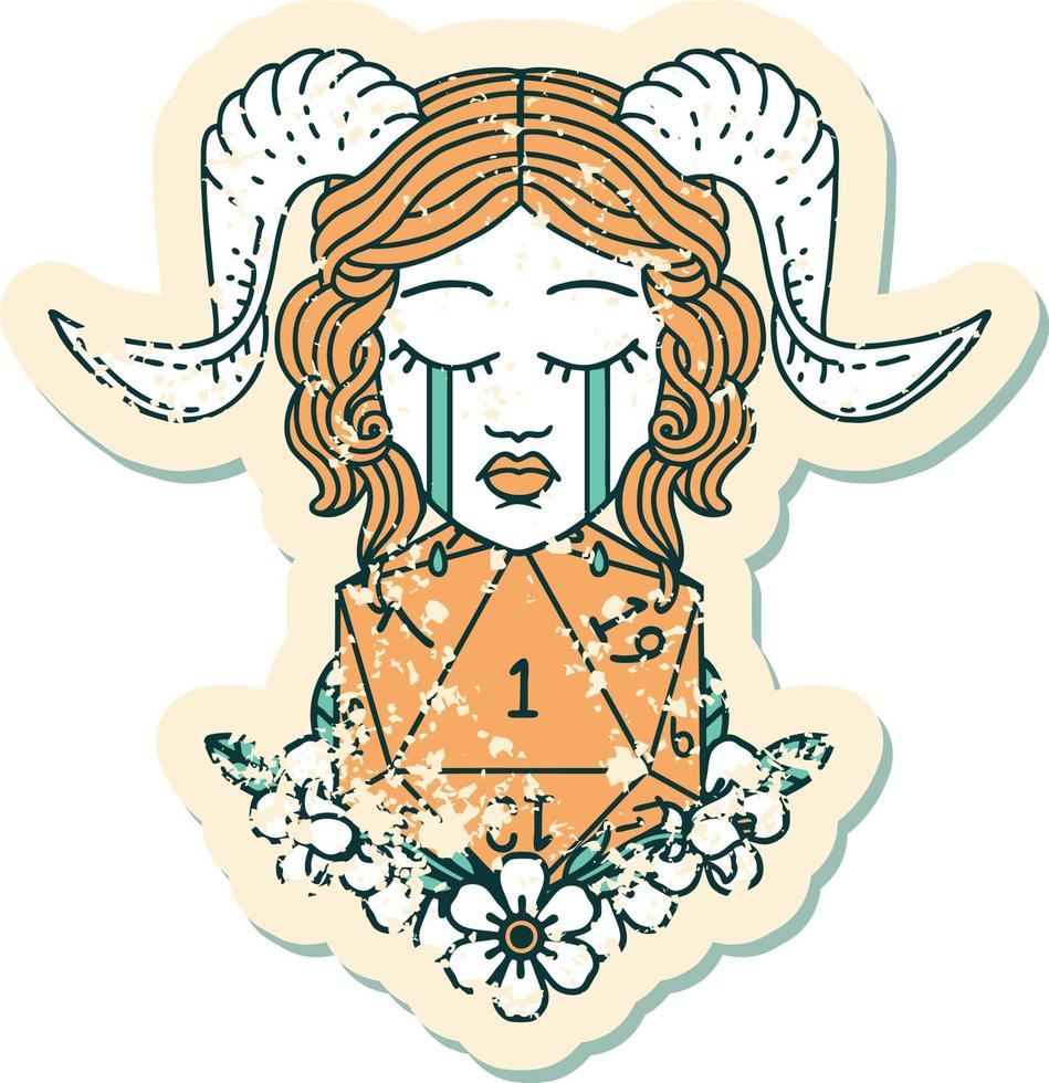 crying tiefling with natural one D20 dice roll grunge sticker vector