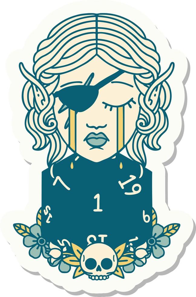 crying elf rogue character face with natural one D20 roll sticker vector