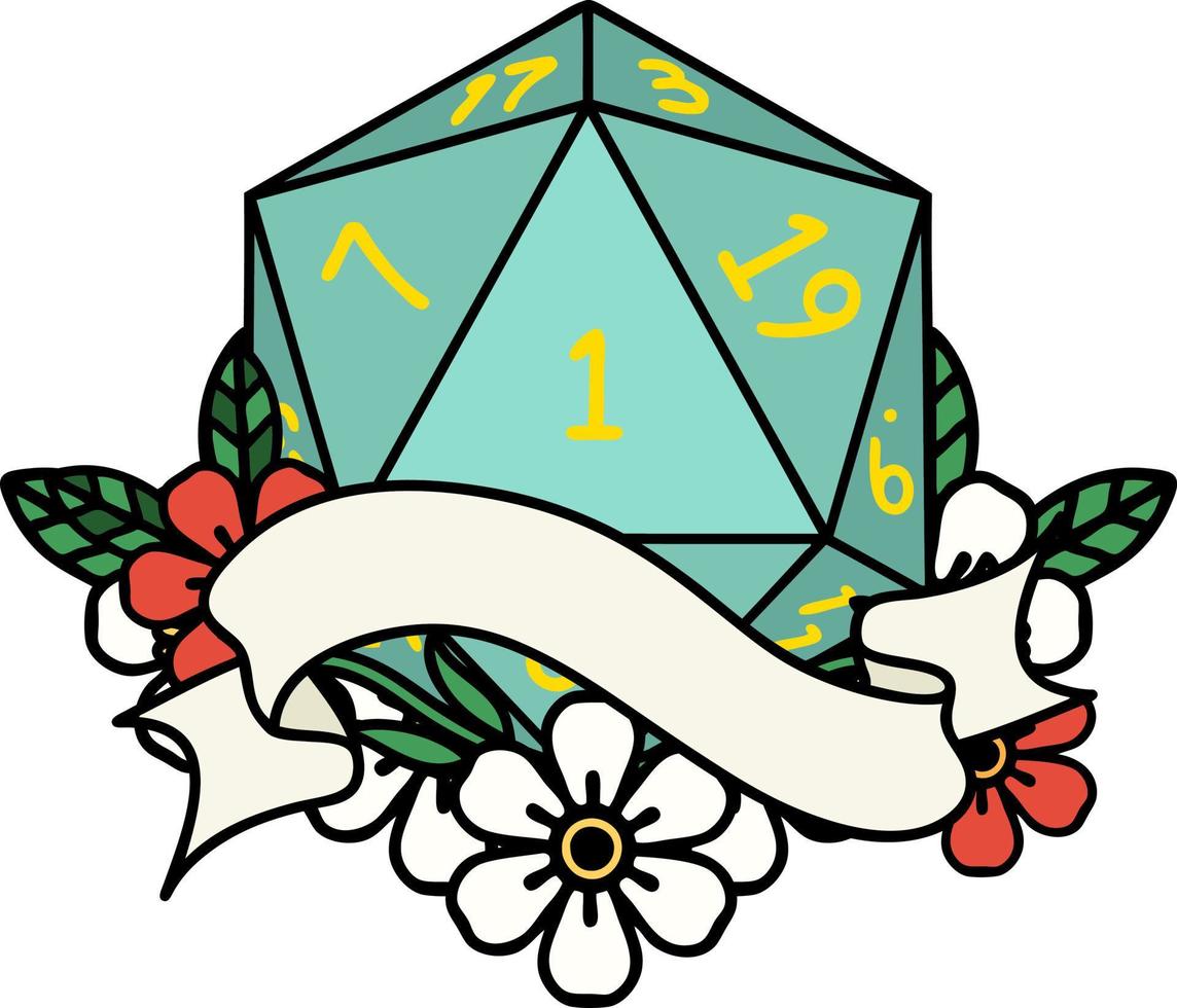 natural one d20 dice roll illustration vector