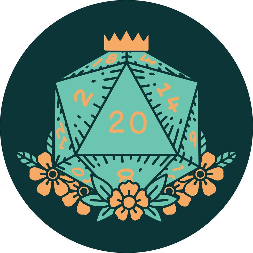 natural 20 D20 dice roll with floral elements icon vector