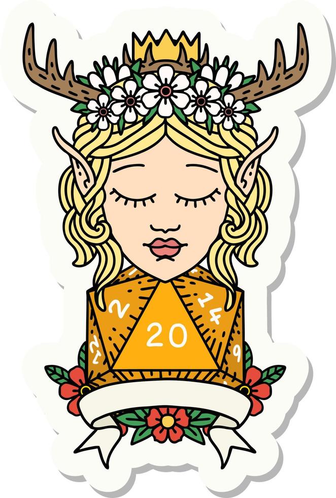 elf druid character with natural 20 dice roll sticker vector