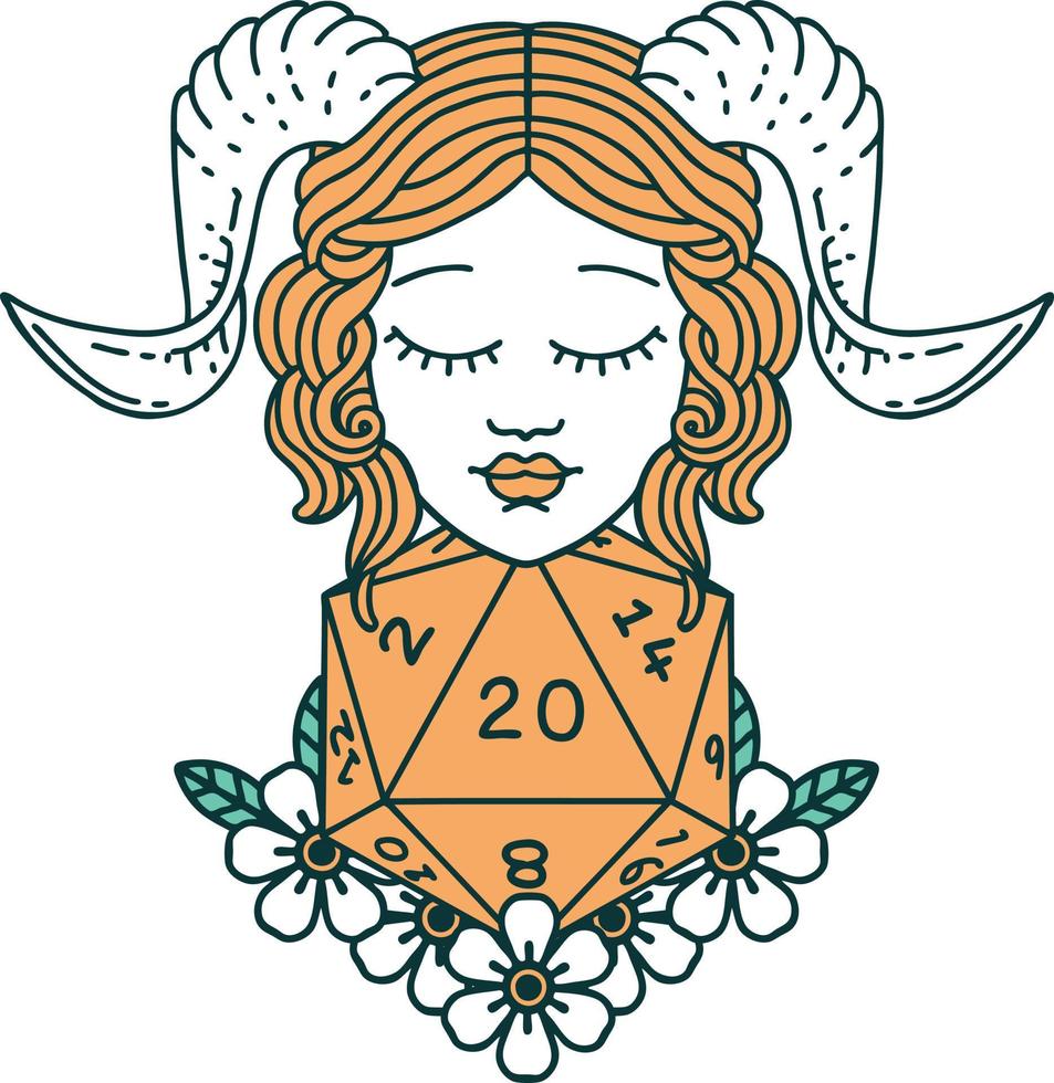tiefling with natural 20 D20 dice roll illustration vector