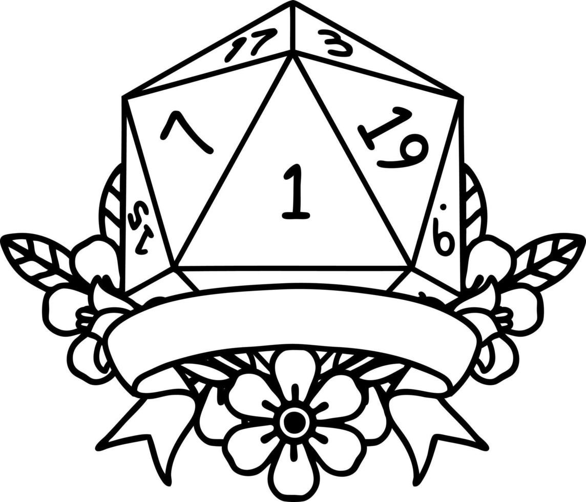 natural one d20 dice roll illustration vector