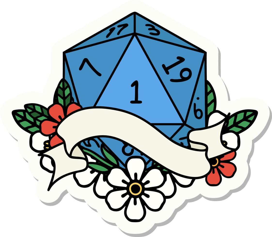 natural one d20 dice roll sticker vector