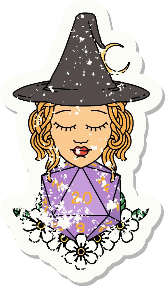 human witch with natural twenty dice roll grunge sticker vector