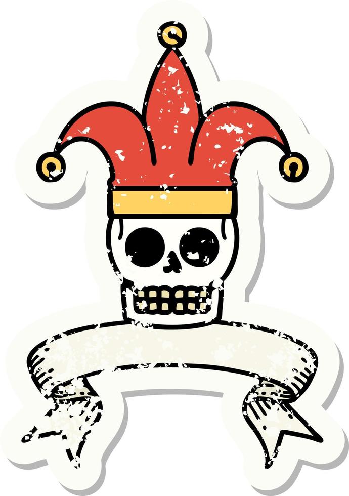 grunge sticker with banner of a skull jester vector