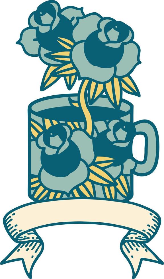 tattoo with banner of a cup and flowers vector