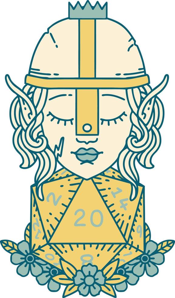elf fighter with natural twenty dice roll illustration vector