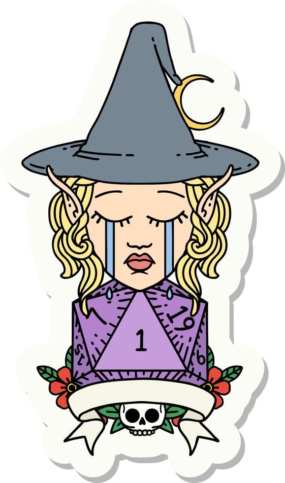 crying elf mage character with natural one dice roll sticker vector