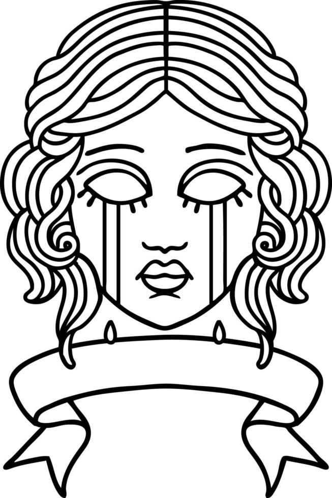 black linework tattoo with banner of female face crying vector