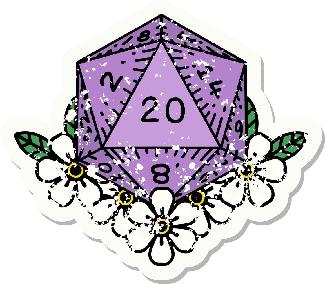 natural 20 D20 dice roll with floral elements grunge sticker vector