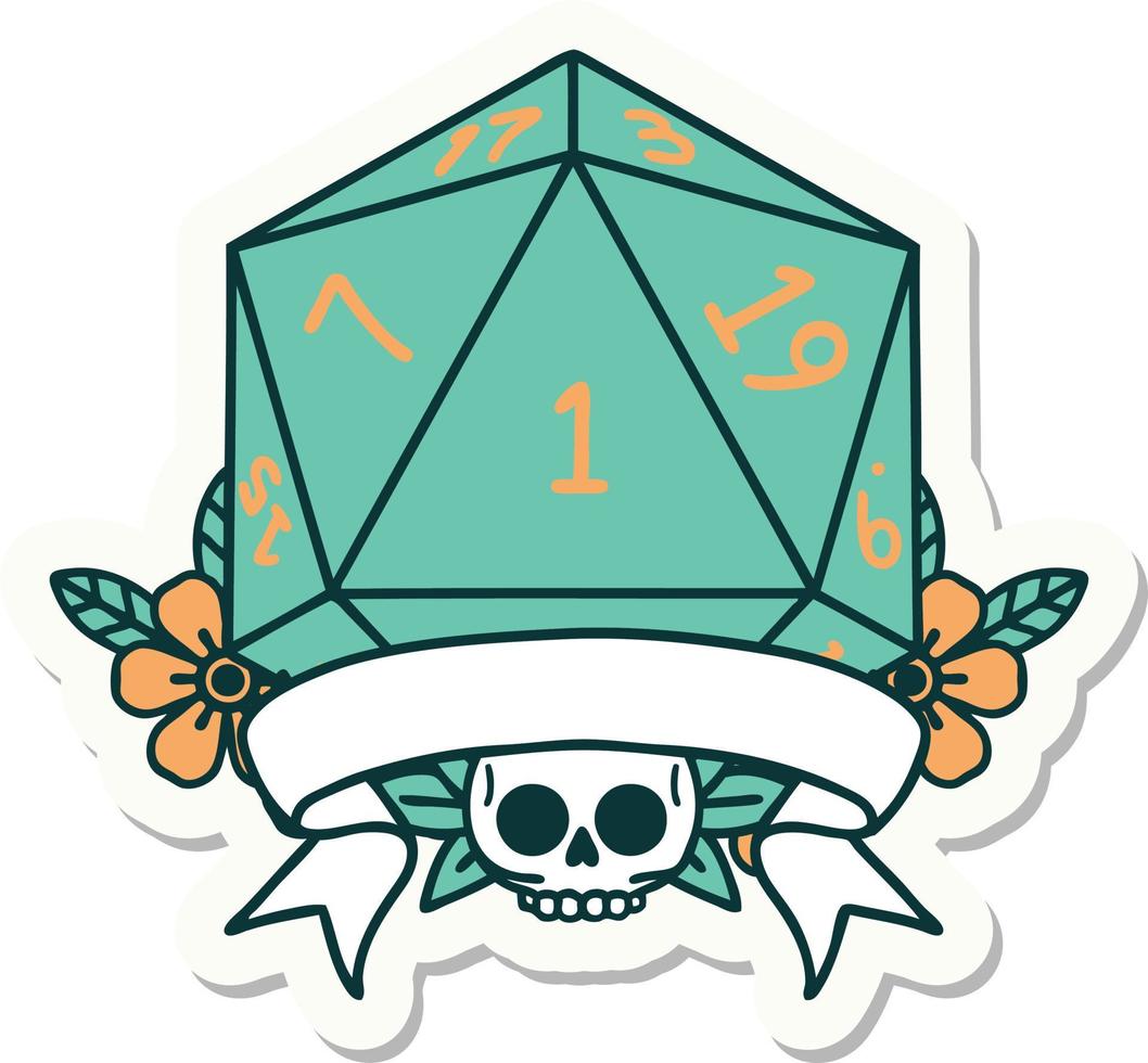 natural one d20 dice roll sticker vector