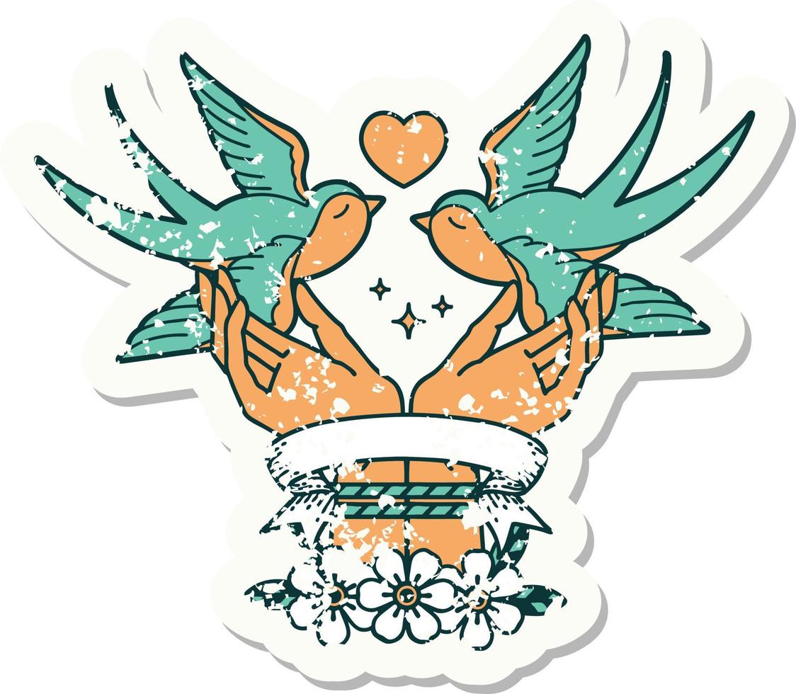 grunge sticker with banner of a tied hands and swallows vector