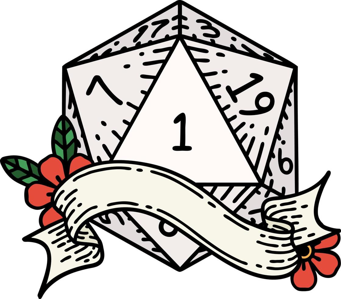 natural one d20 dice roll illustration vector